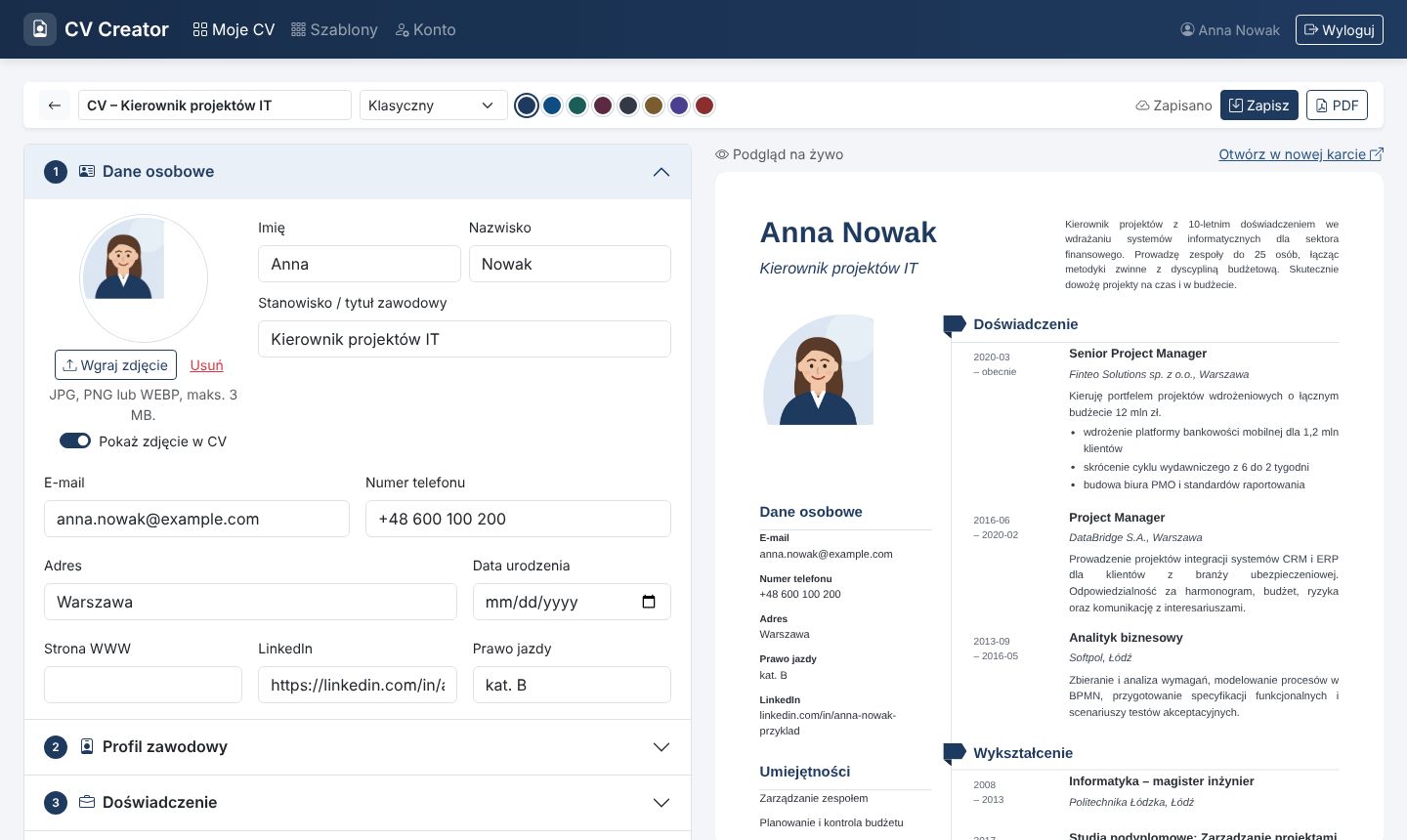Kreator CV z formularzem i podglądem CV na żywo