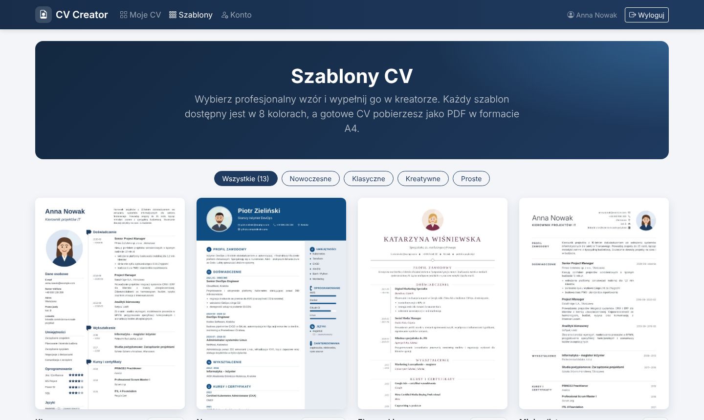 Galeria szablonów CV w kreatorze CV online