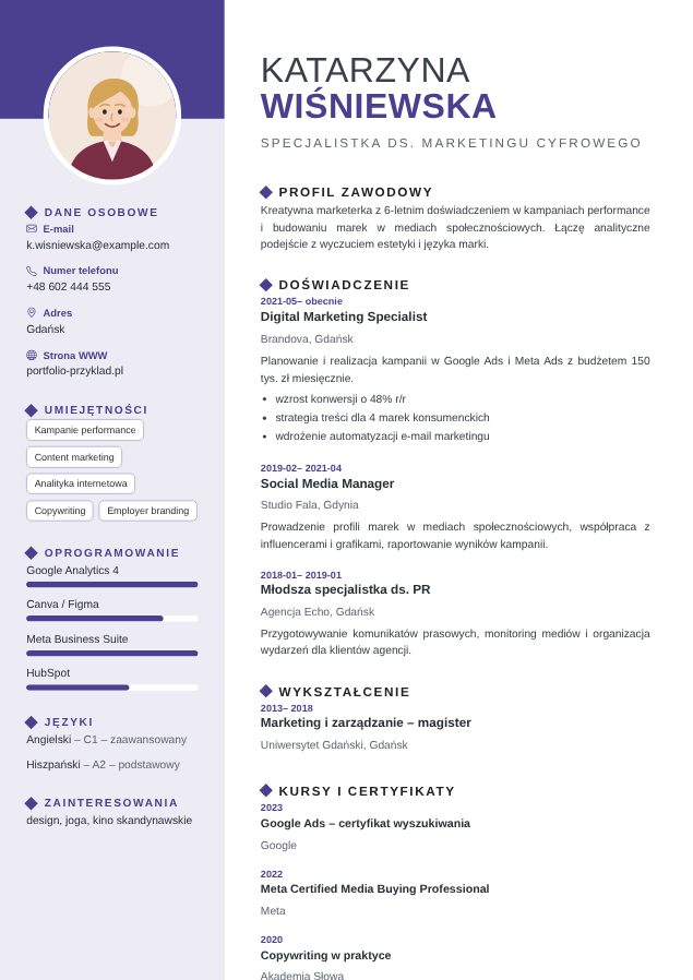 Wzór CV „Kreatywny” Szablon CV Kreatywny – przykładowe CV wypełnione w kreatorze