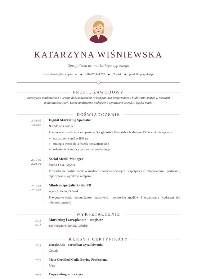 Wzór CV „Elegancki” Szablon CV Elegancki – przykładowe CV wypełnione w kreatorze