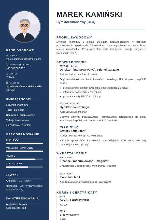 Wzór CV „Executive” Szablon CV Executive – przykładowe CV wypełnione w kreatorze