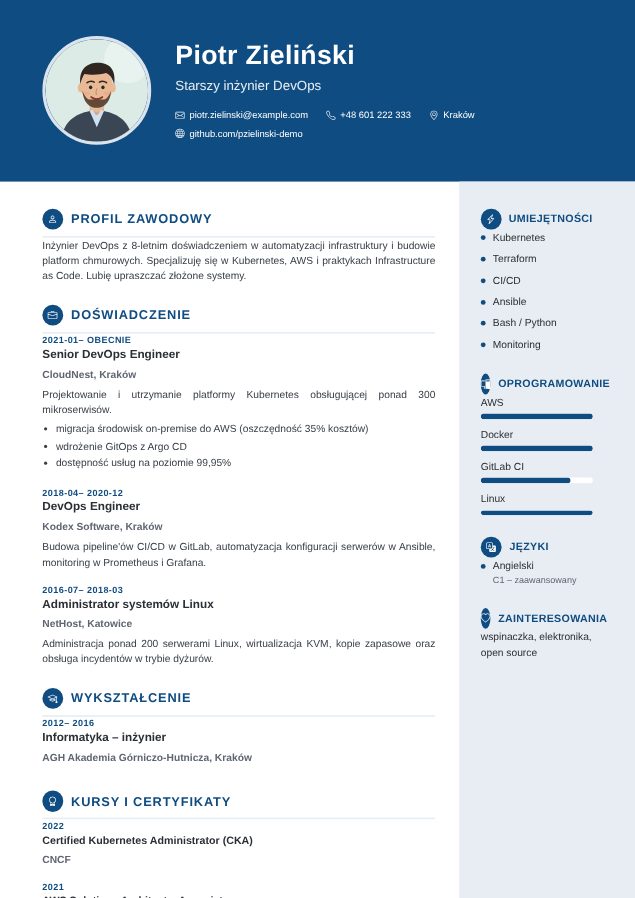 Wzór CV „Nowoczesny” Szablon CV Nowoczesny – przykładowe CV wypełnione w kreatorze