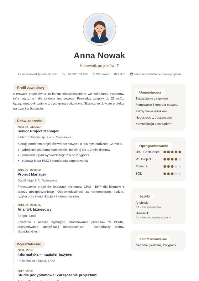 Szablon CV Subtelny – przykładowe CV wypełnione w kreatorze