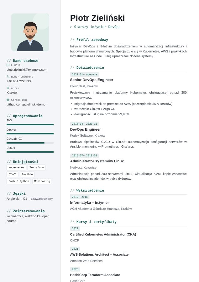 Szablon CV Techniczny – przykładowe CV wypełnione w kreatorze
