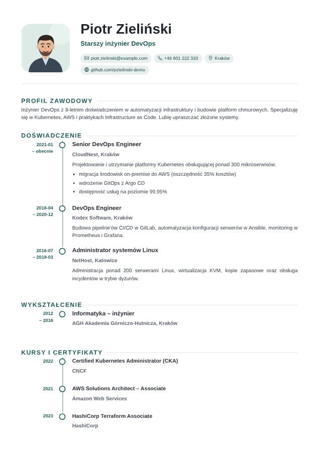 Szablon CV Oś czasu – przykładowe CV wypełnione w kreatorze
